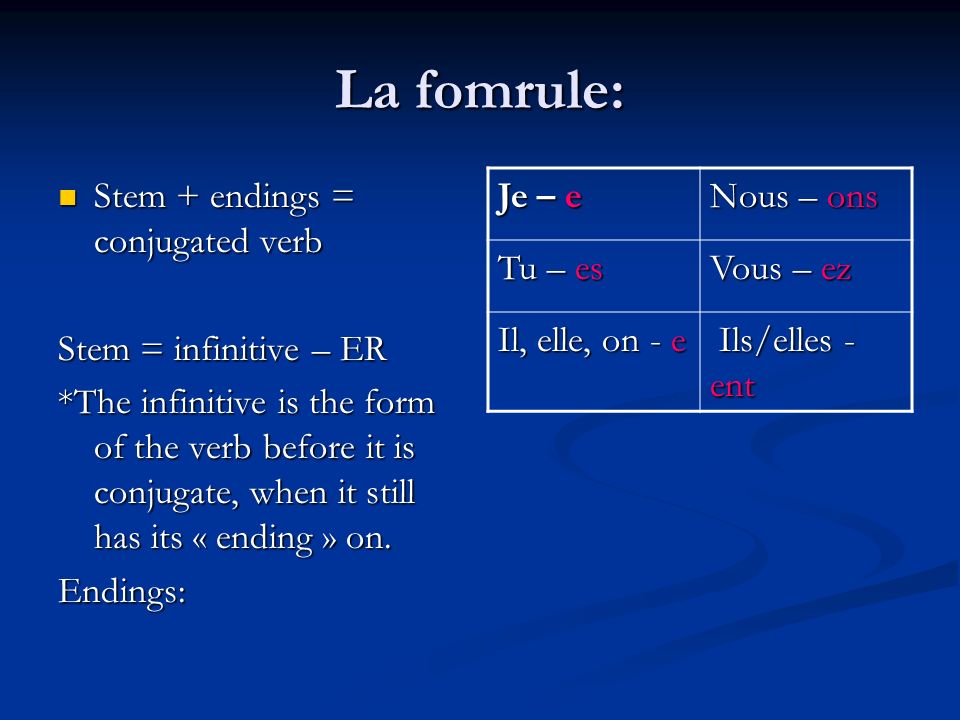 La fomrule: Stem + endings = conjugated verb Stem = infinitive – ER