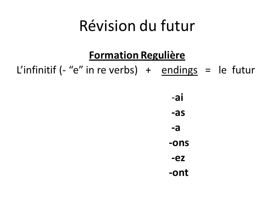 Révision du futur Formation Regulière L’infinitif (- e in re verbs) + endings = le futur -ai -as -a -ons -ez -ont