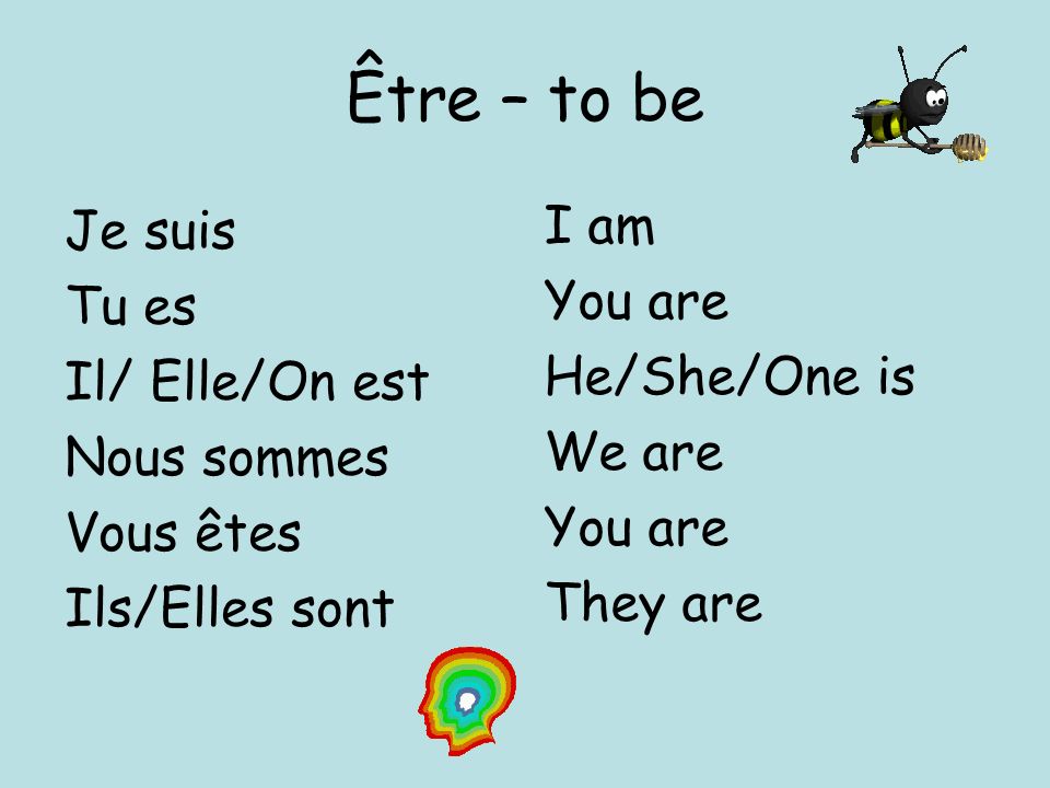 Être – to be I am Je suis You are Tu es He/She/One is Il/ Elle/On est