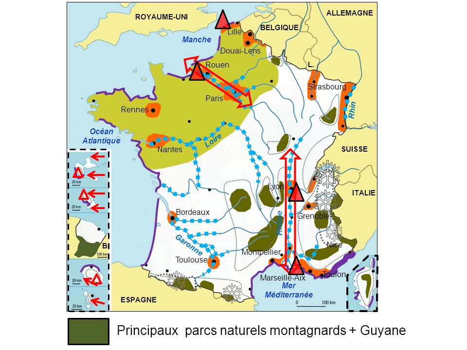 Principaux parcs naturels montagnards + Guyane