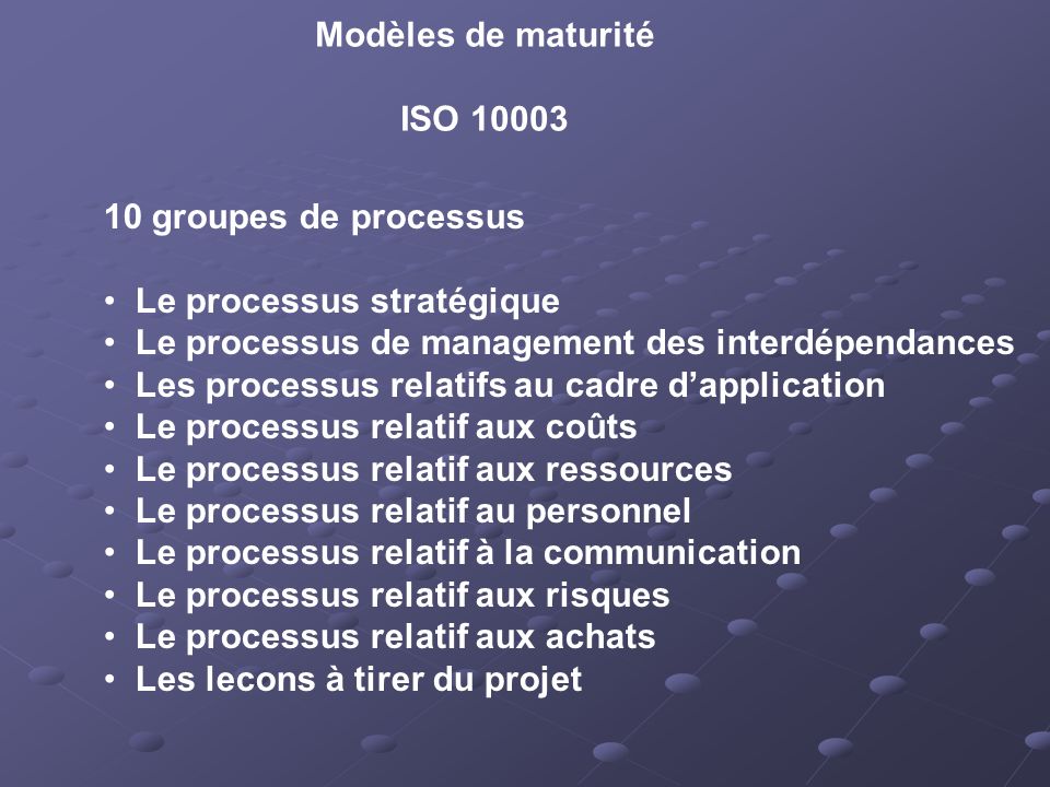 Modèles de maturité ISO groupes de processus. Le processus stratégique. Le processus de management des interdépendances.