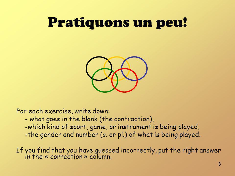 Pratiquons un peu! For each exercise, write down: