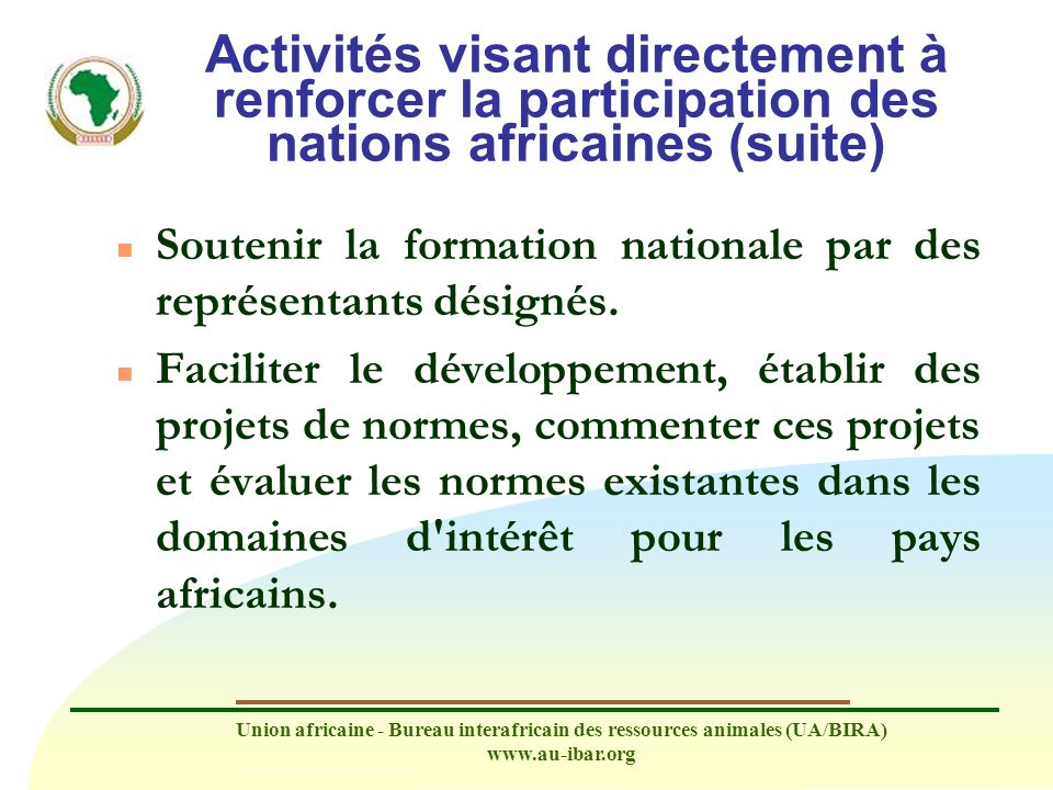 Activités visant directement à renforcer la participation des nations africaines (suite)