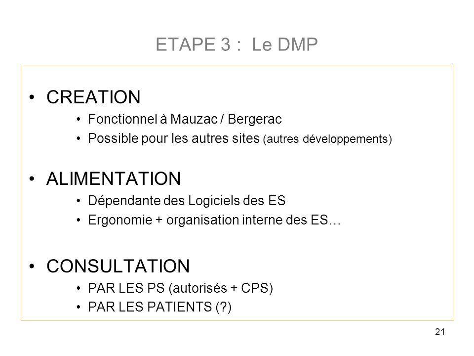 ETAPE 3 : Le DMP CREATION ALIMENTATION CONSULTATION