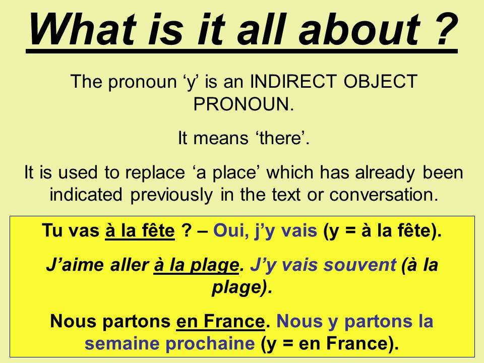 What is it all about The pronoun ‘y’ is an INDIRECT OBJECT PRONOUN.