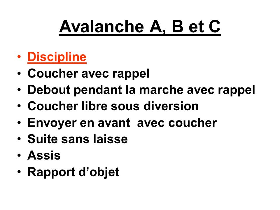 Avalanche A, B et C Discipline Coucher avec rappel
