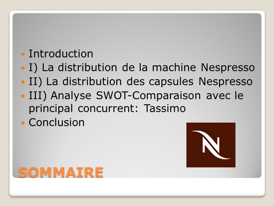 SOMMAIRE Introduction I) La distribution de la machine Nespresso