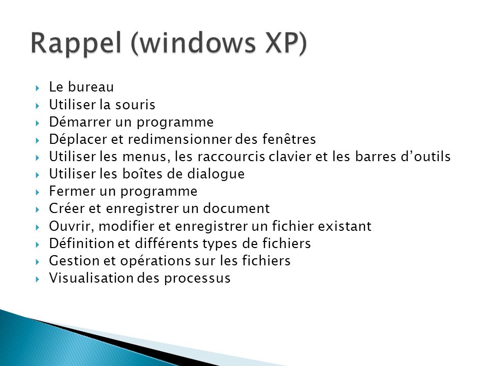 Rappel (windows XP) Le bureau Utiliser la souris Démarrer un programme