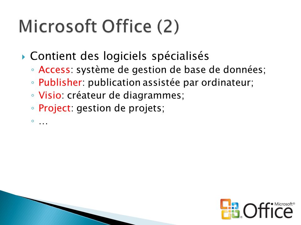 Microsoft Office (2) Contient des logiciels spécialisés