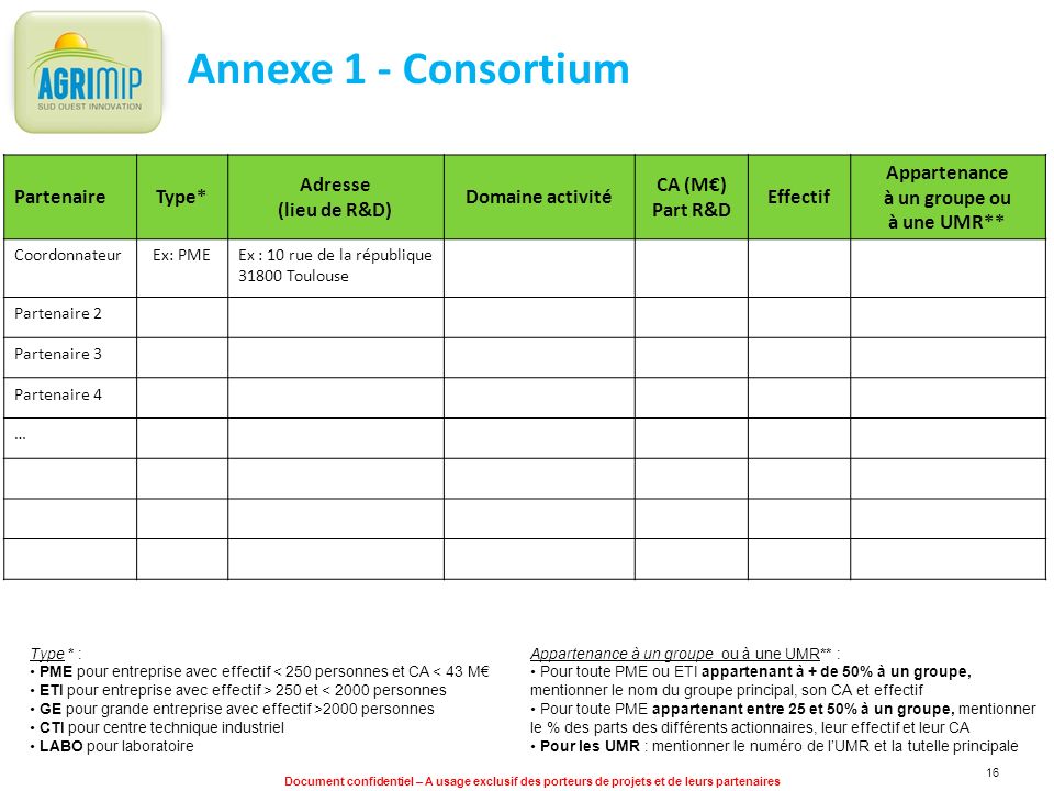 Annexe 1 - Consortium Partenaire Type* Adresse (lieu de R&D)