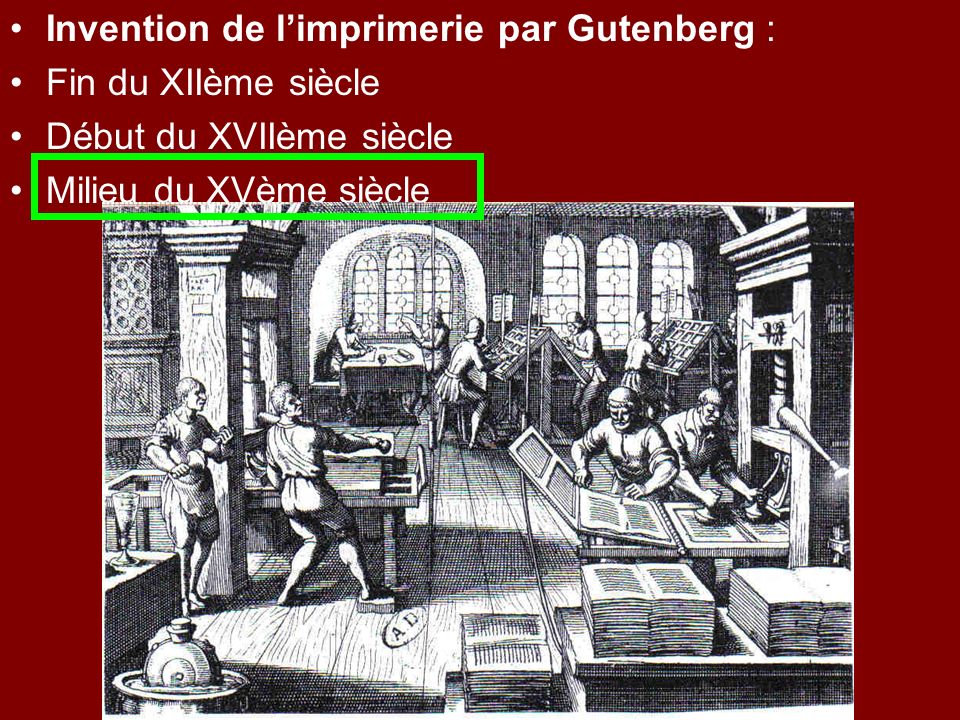 Invention de l’imprimerie par Gutenberg :