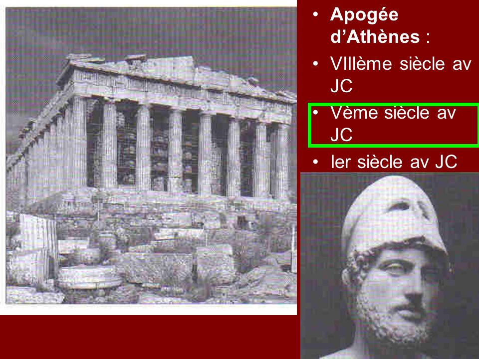 Apogée d’Athènes : VIIIème siècle av JC Vème siècle av JC Ier siècle av JC