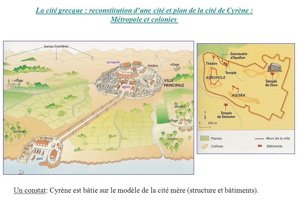 La cité grecque : reconstitution d’une cité et plan de la cité de Cyrène :
