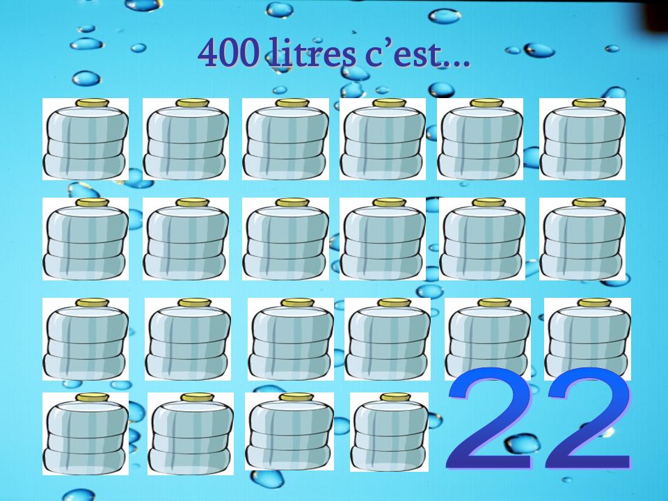 400 litres c’est... Quatre cents litres d’eau par jour, c’est 22 grandes bouteilles bleues de 18 L.