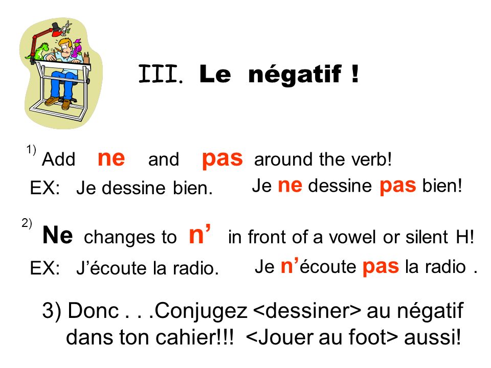 Ne changes to n’ in front of a vowel or silent H!