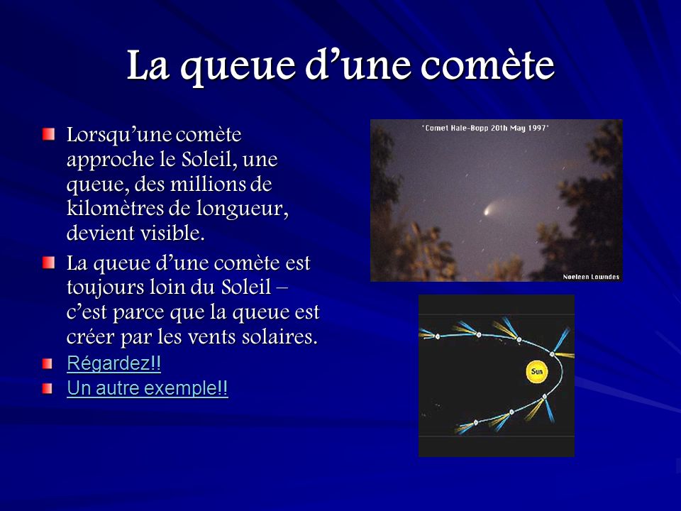 La queue d’une comète Lorsqu’une comète approche le Soleil, une queue, des millions de kilomètres de longueur, devient visible.
