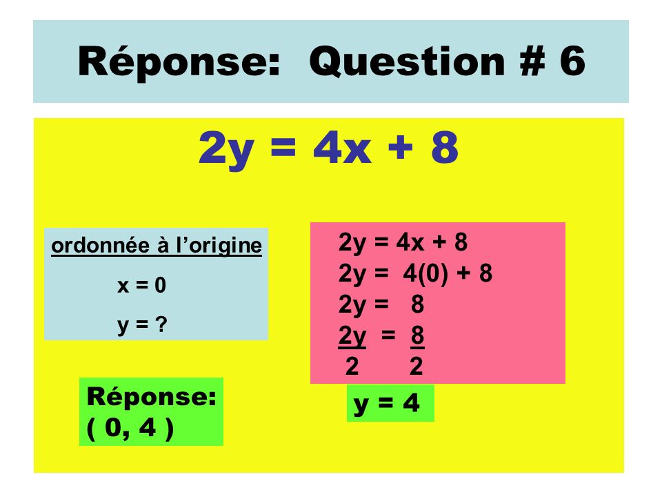 2y = 4x + 8 Réponse: Question # 6 2y = 4x + 8 2y = 4(0) + 8 2y = 8