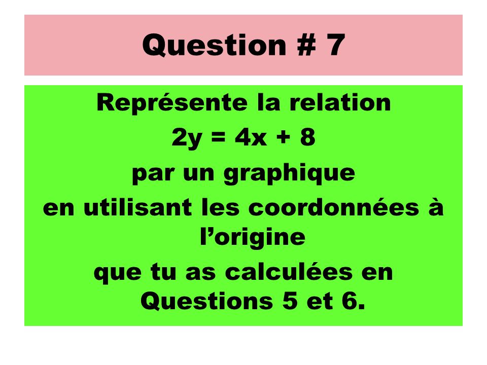 Question # 7 Représente la relation 2y = 4x + 8 par un graphique