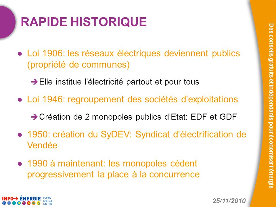 RAPIDE HISTORIQUE Loi 1906: les réseaux électriques deviennent publics (propriété de communes) Elle institue l’électricité partout et pour tous.