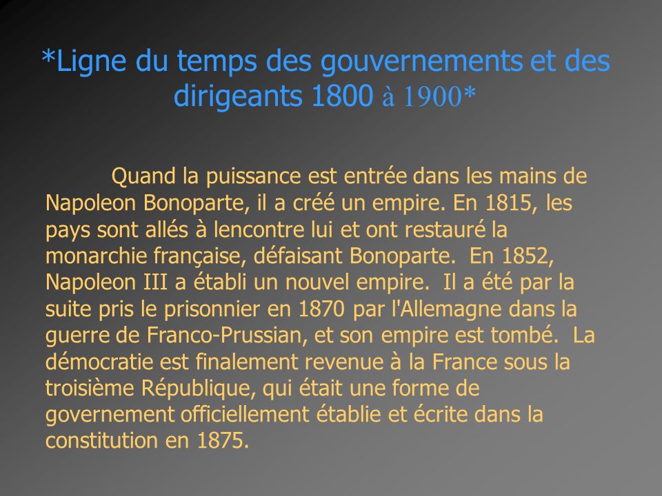 *Ligne du temps des gouvernements et des dirigeants 1800 à 1900*