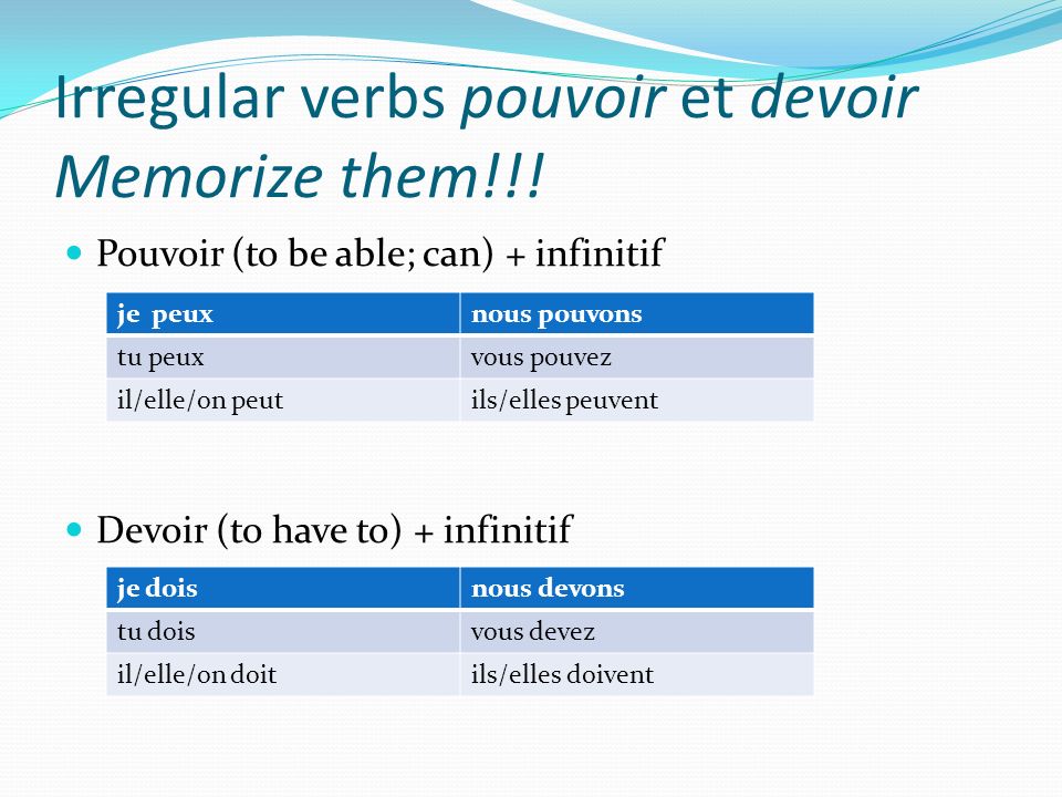 Irregular verbs pouvoir et devoir Memorize them!!!