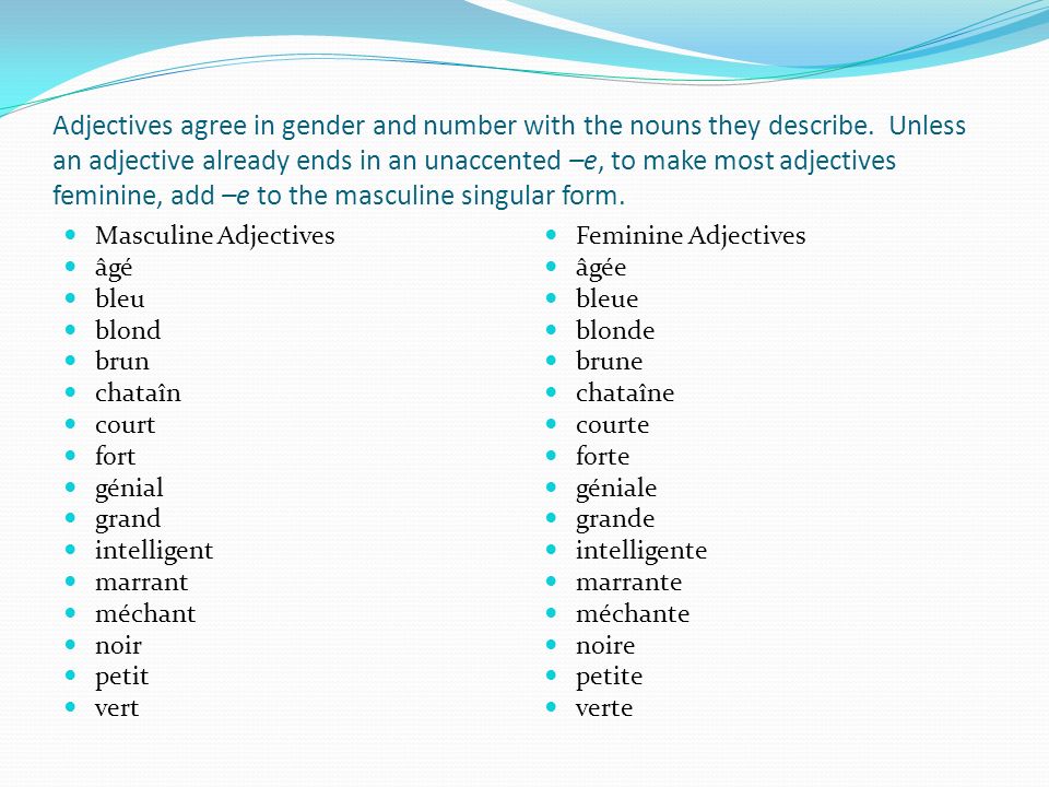 Adjectives agree in gender and number with the nouns they describe