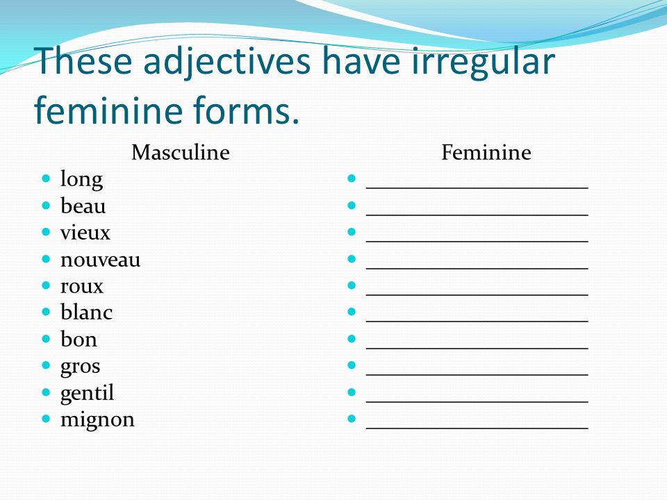 These adjectives have irregular feminine forms.