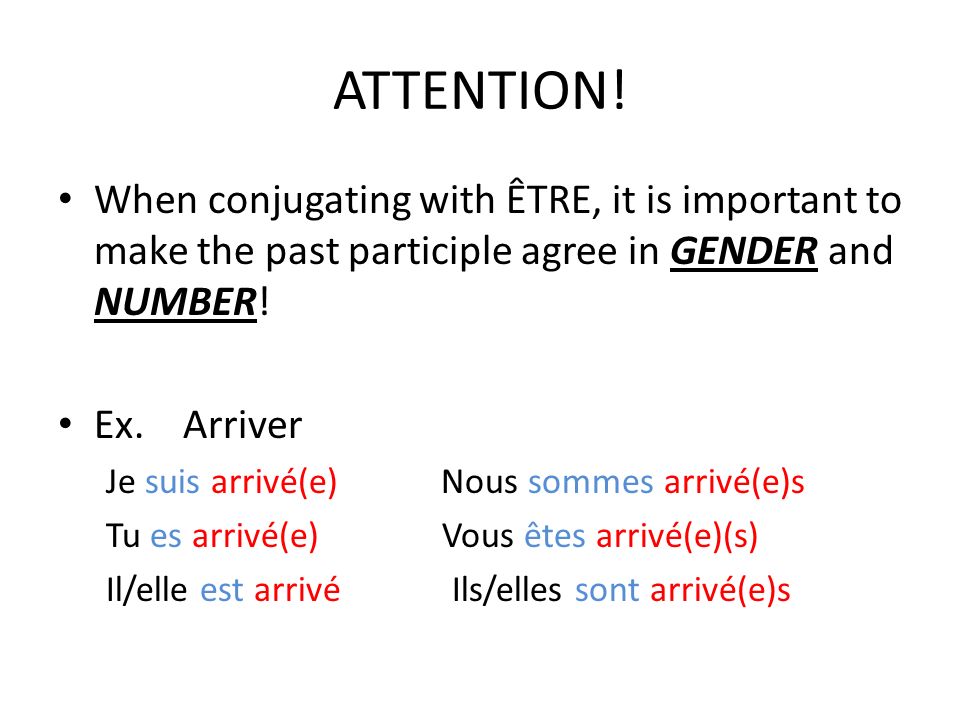 ATTENTION! When conjugating with ÊTRE, it is important to make the past participle agree in GENDER and NUMBER!