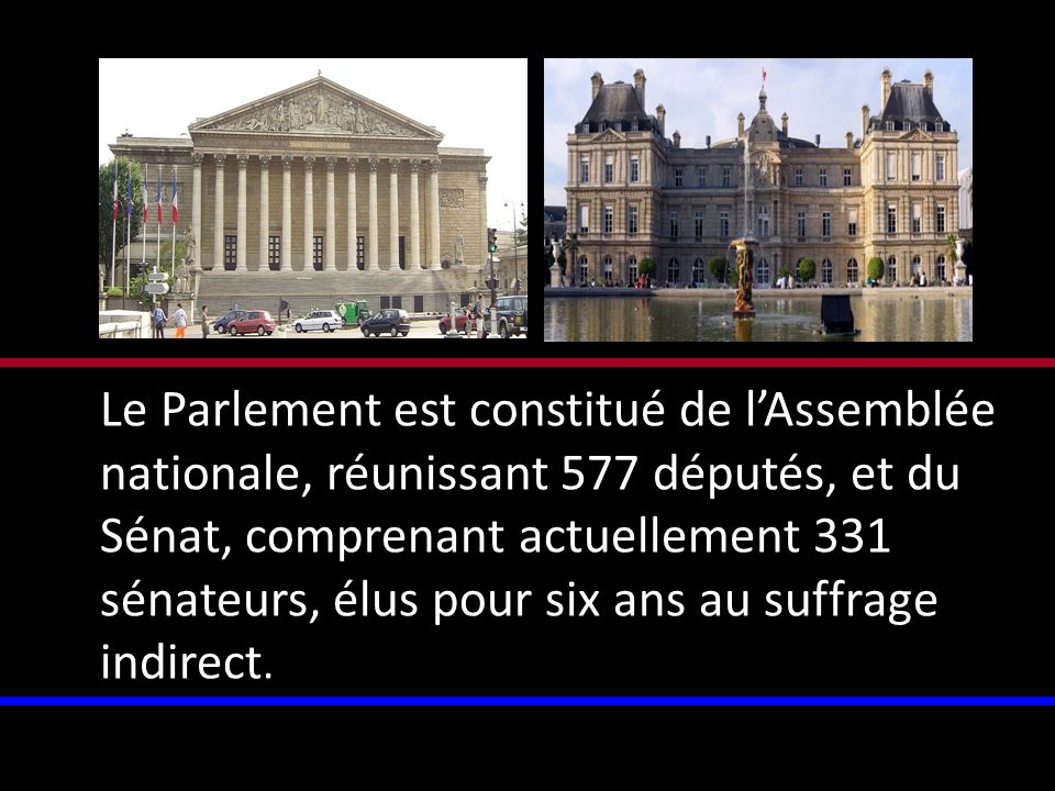 Le Parlement est constitué de l’Assemblée nationale, réunissant 577 députés, et du Sénat, comprenant actuellement 331 sénateurs, élus pour six ans au suffrage indirect.