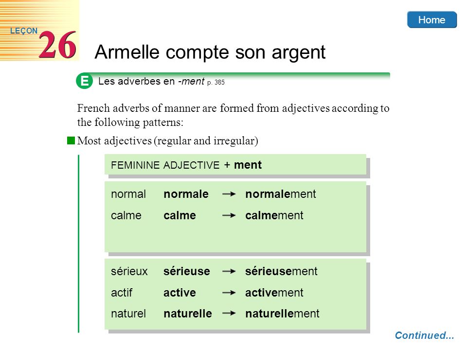 E Les adverbes en -ment p French adverbs of manner are formed from adjectives according to the following patterns: