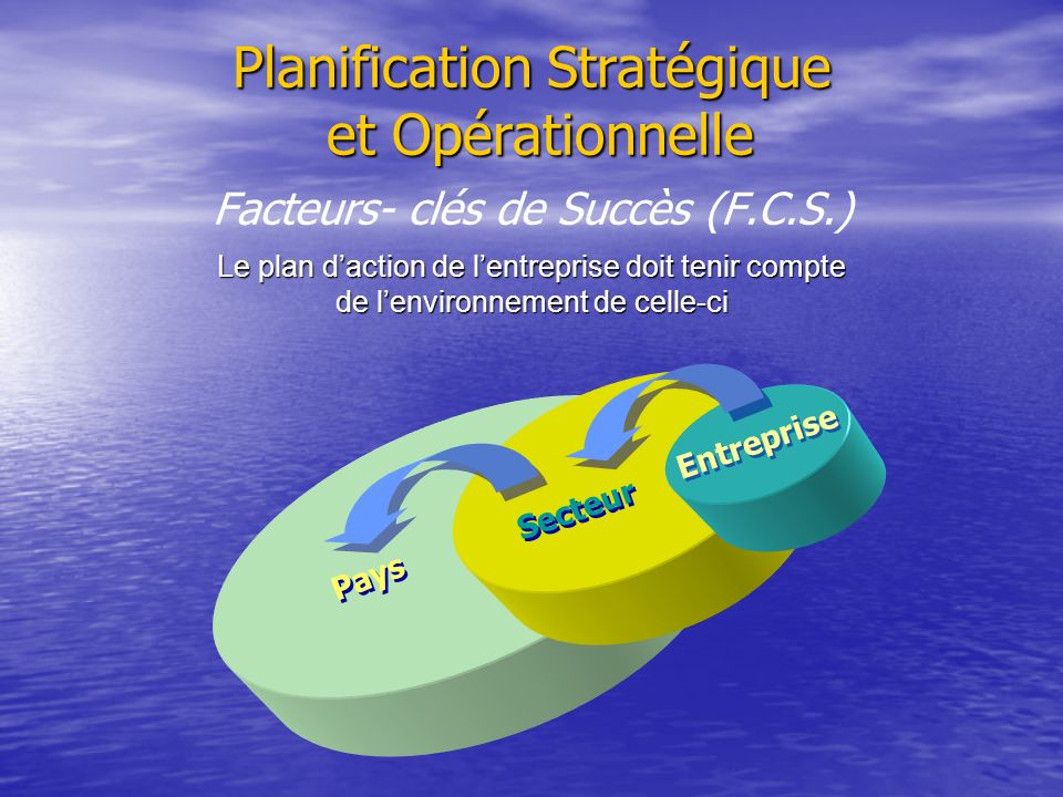 Planification Stratégique et Opérationnelle Facteurs- clés de Succès (F.C.S.) Le plan d’action de l’entreprise doit tenir compte de l’environnement de celle-ci