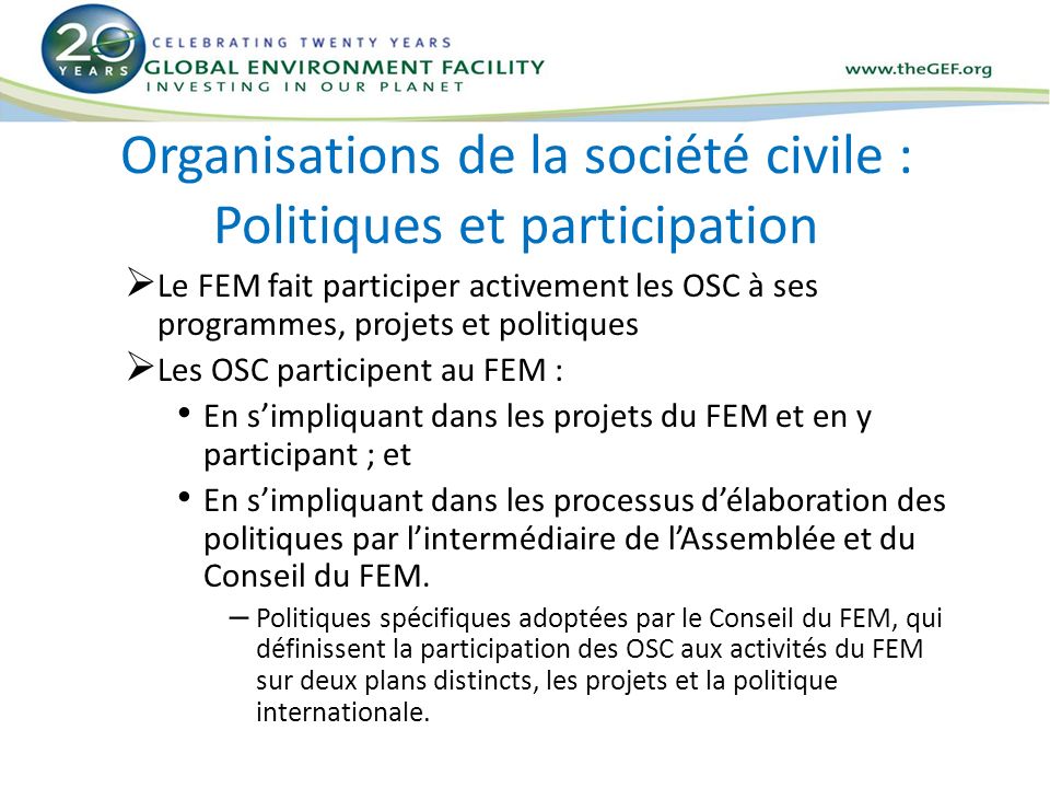 Organisations de la société civile : Politiques et participation
