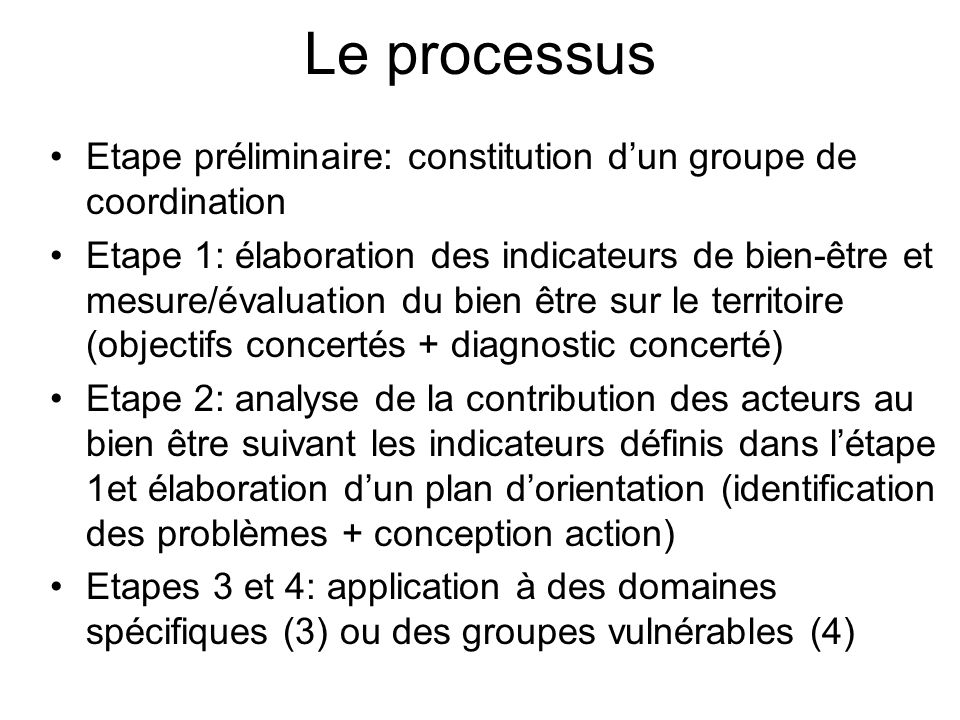 Le processus Etape préliminaire: constitution d’un groupe de coordination.
