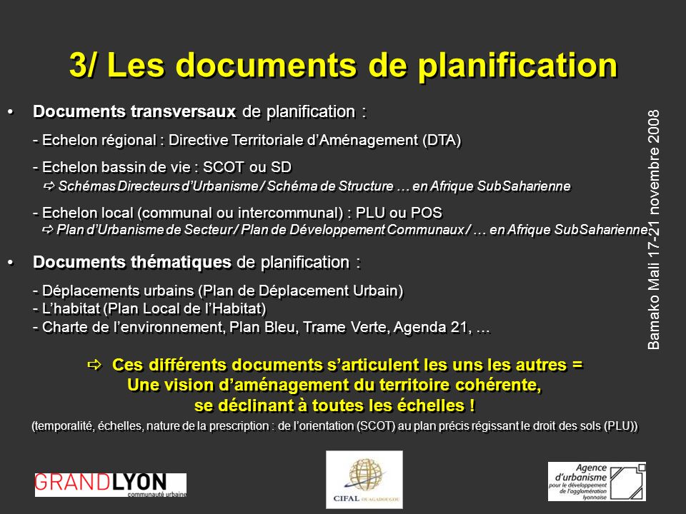 3/ Les documents de planification