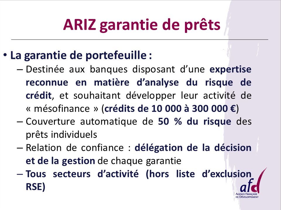 ARIZ garantie de prêts La garantie de portefeuille :