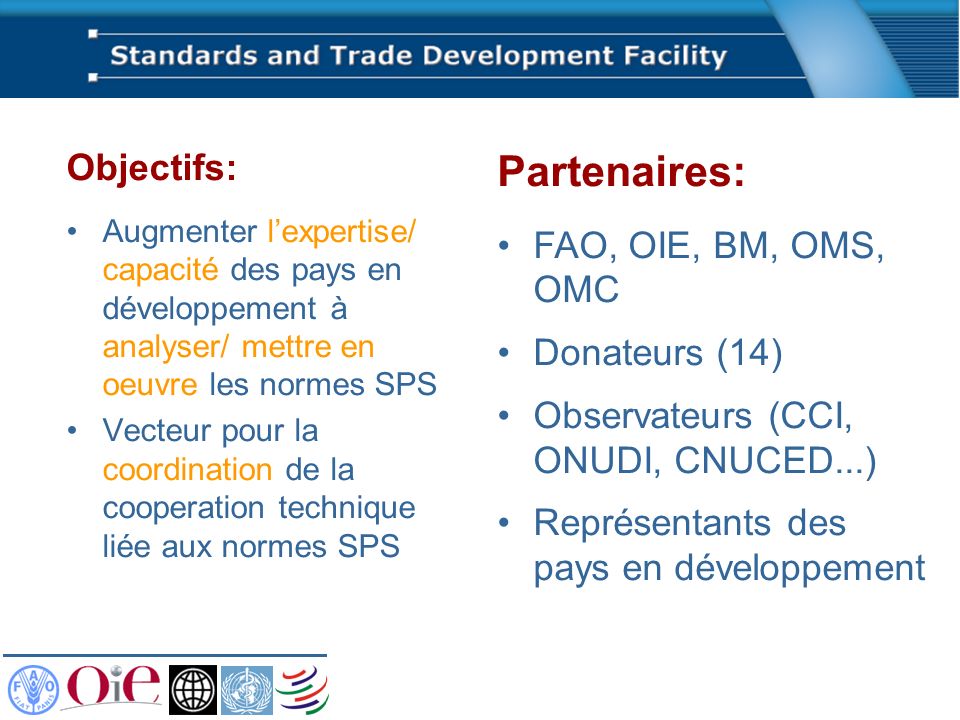 Partenaires: Objectifs: FAO, OIE, BM, OMS, OMC Donateurs (14)