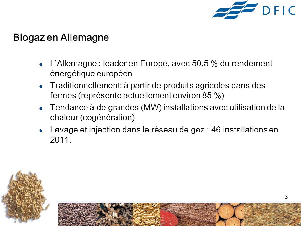 Biogaz en Allemagne L’Allemagne : leader en Europe, avec 50,5 % du rendement énergétique européen.