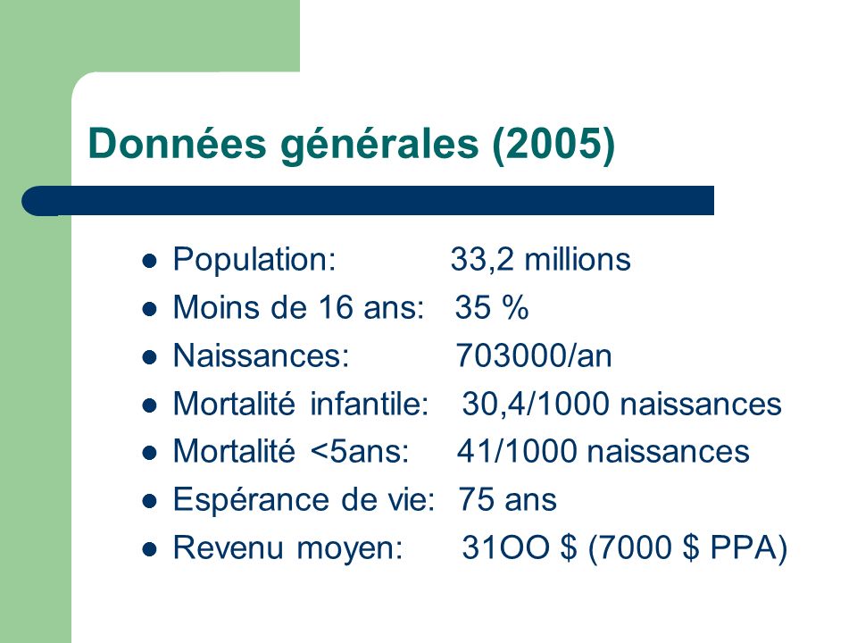 Données générales (2005) Population: 33,2 millions