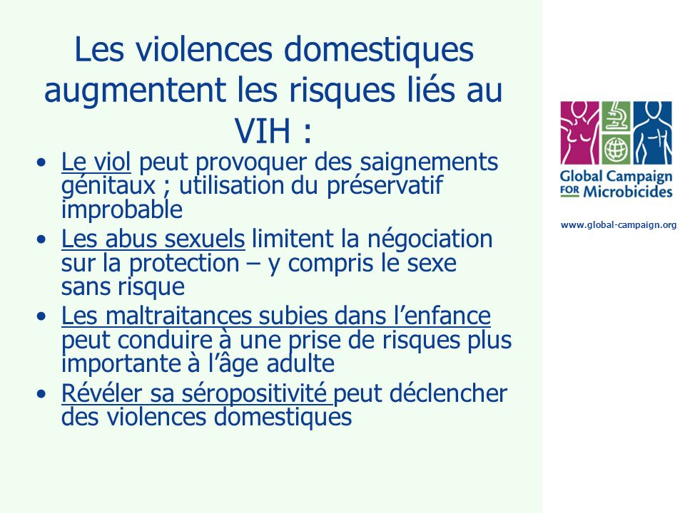 Les violences domestiques augmentent les risques liés au VIH :