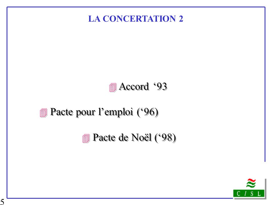 4 Accord ‘93 4 Pacte de Noël (‘98) LA CONCERTATION 2
