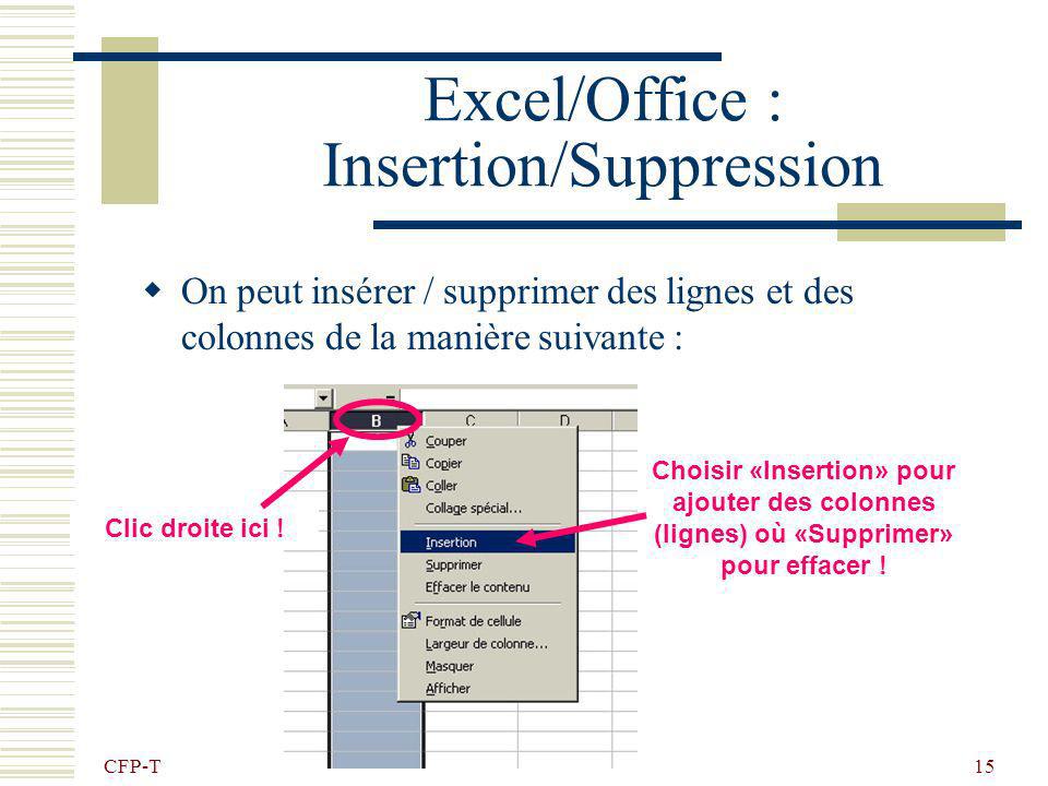 Excel/Office : Insertion/Suppression