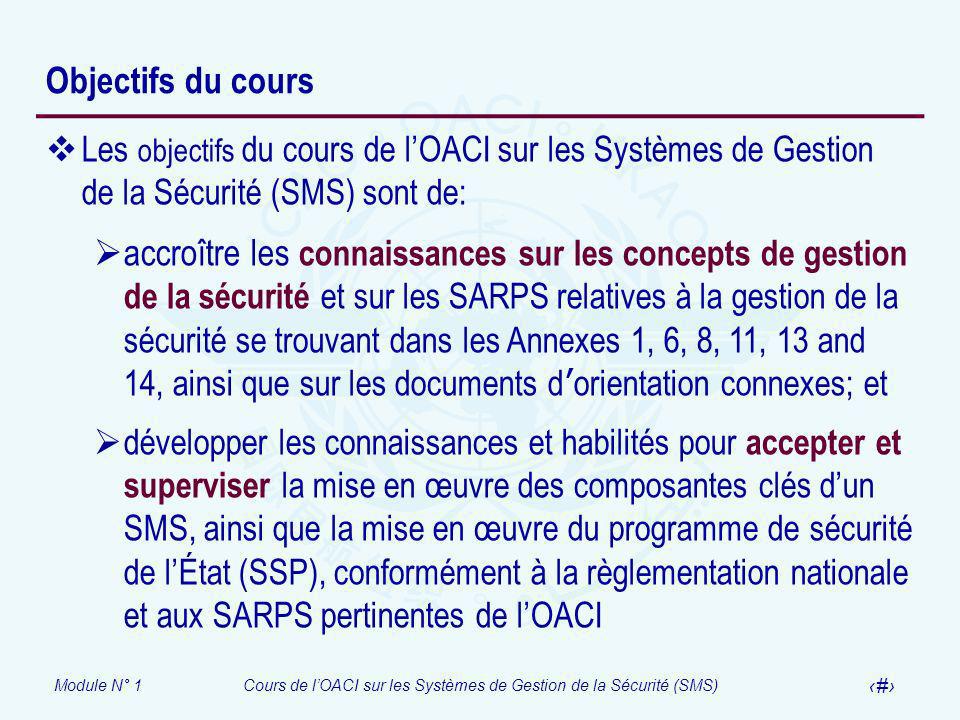Objectifs du cours Les objectifs du cours de l’OACI sur les Systèmes de Gestion de la Sécurité (SMS) sont de: