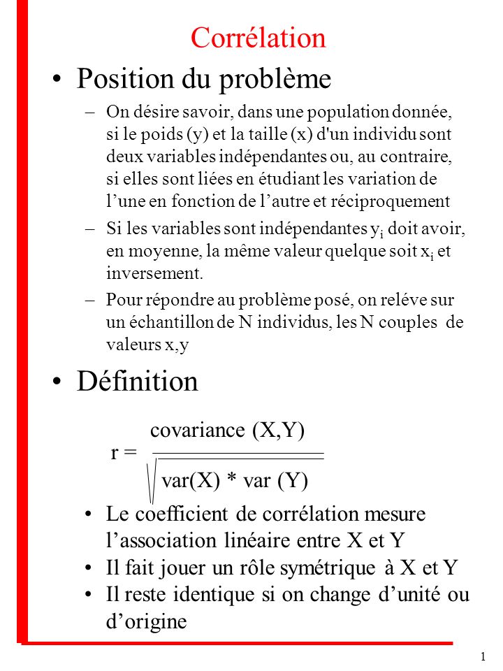 Corrélation Position du problème Définition covariance (X,Y) r =