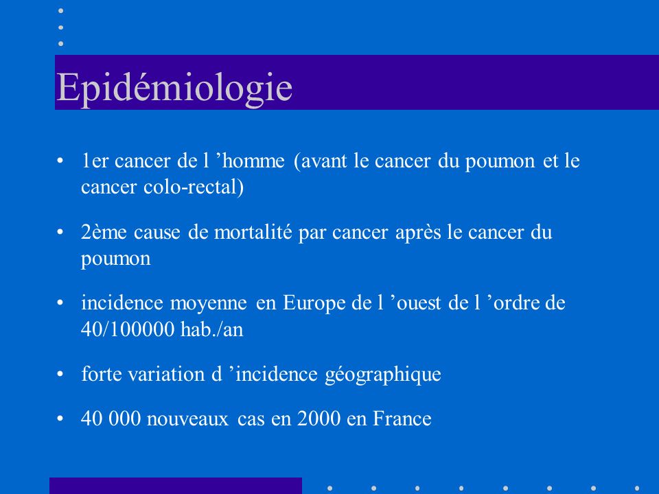 Epidémiologie 1er cancer de l ’homme (avant le cancer du poumon et le cancer colo-rectal)