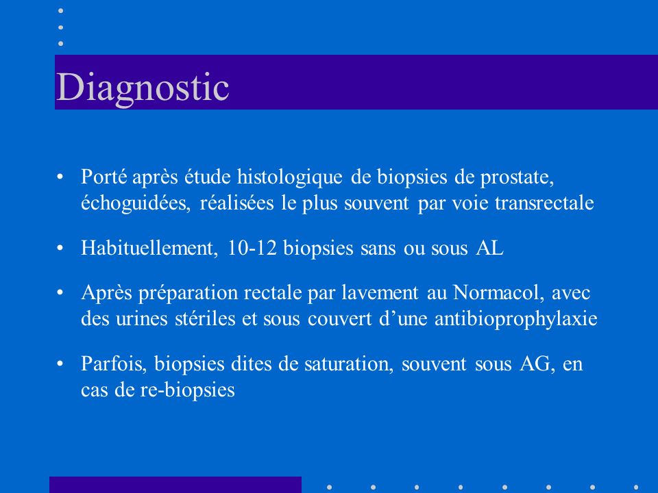 Diagnostic Porté après étude histologique de biopsies de prostate, échoguidées, réalisées le plus souvent par voie transrectale.