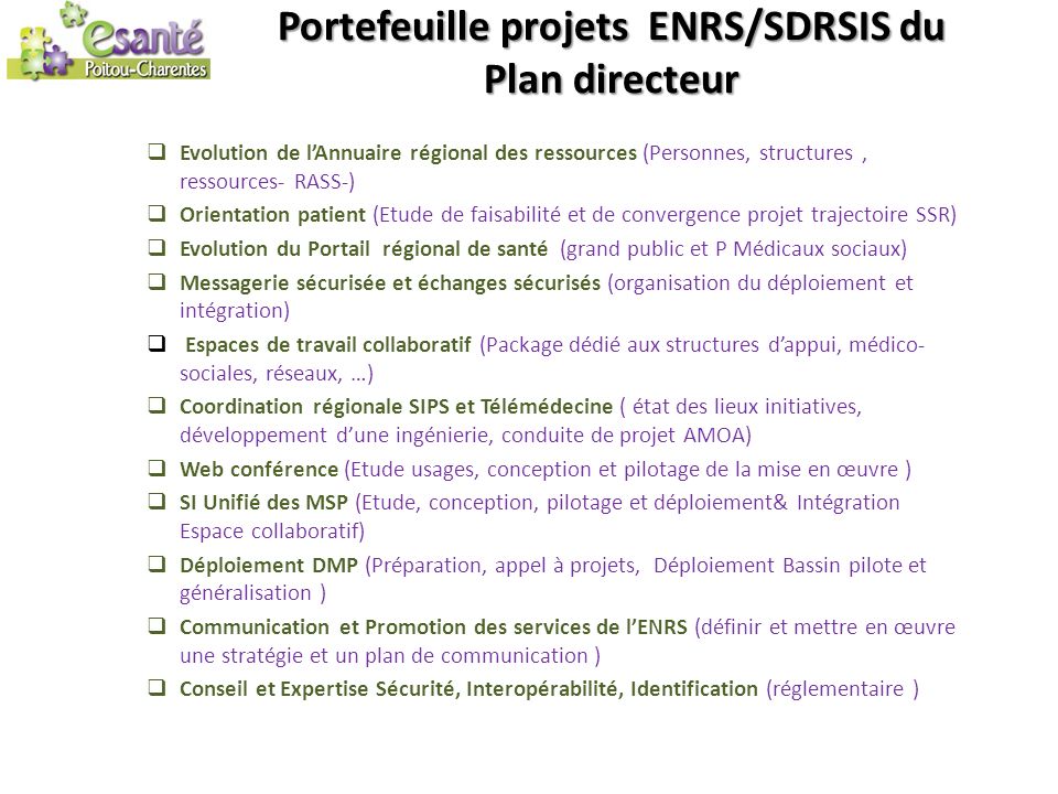 Portefeuille projets ENRS/SDRSIS du Plan directeur