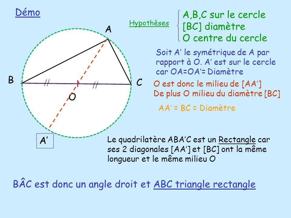A,B,C sur le cercle [BC] diamètre O centre du cercle