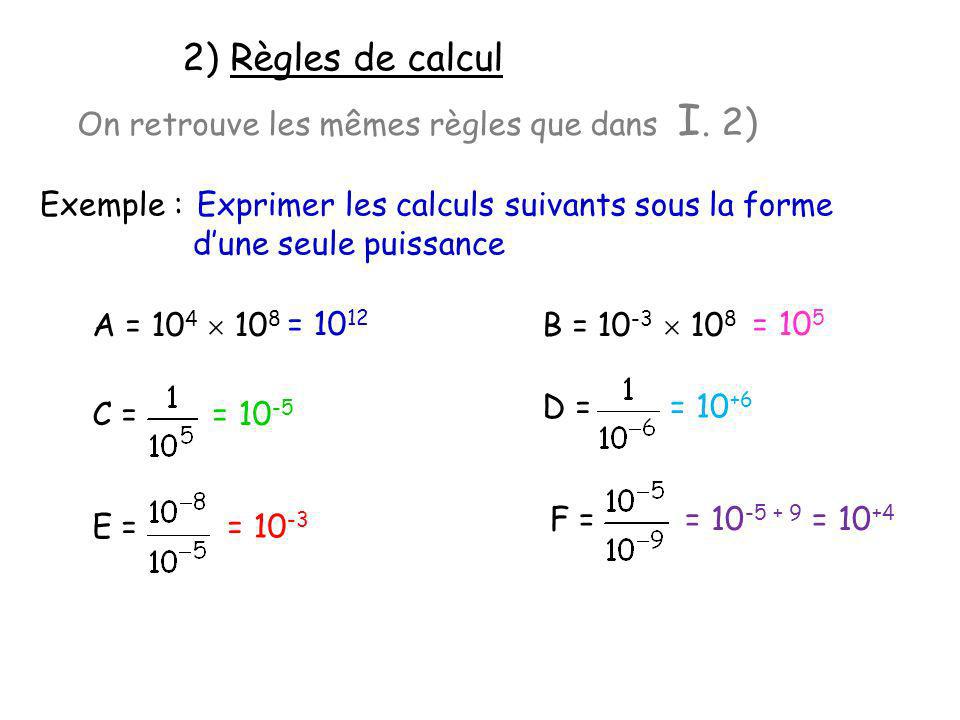 2) Règles de calcul On retrouve les mêmes règles que dans I. 2)