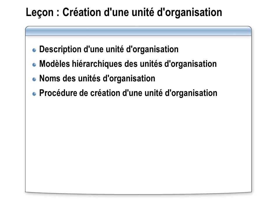 Leçon : Création d une unité d organisation
