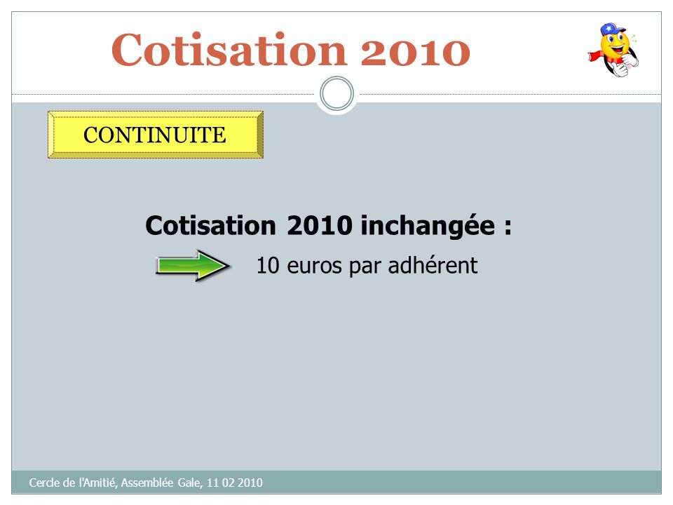 Cotisation 2010 Cotisation 2010 inchangée : CONTINUITE